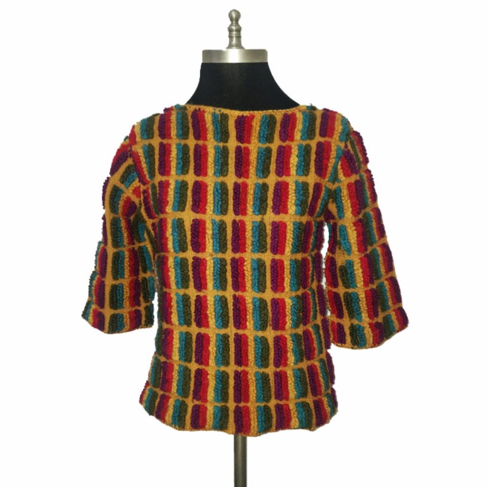 Vtg 70s Textured Multicolor Knit Sweater Top S XS